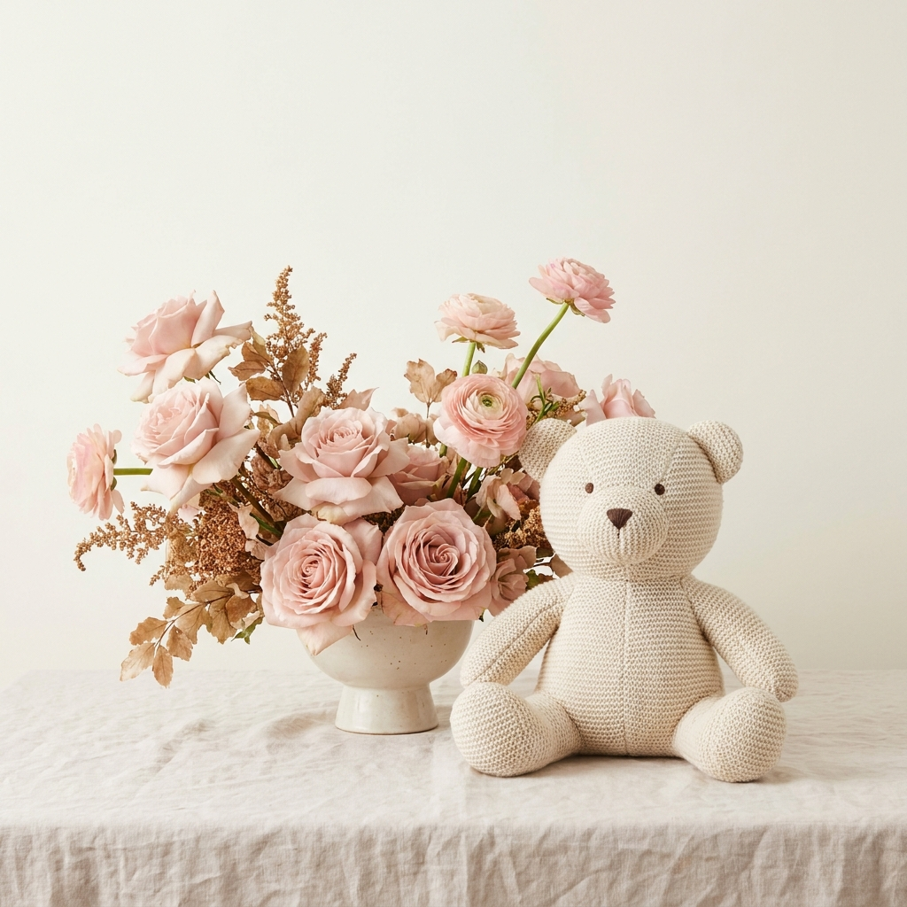 Pink Flowers and Teddy Bear