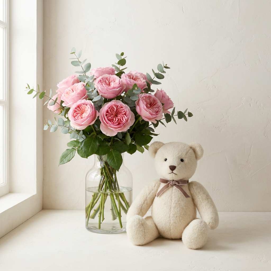 Pink Roses and Teddy Bear Combo