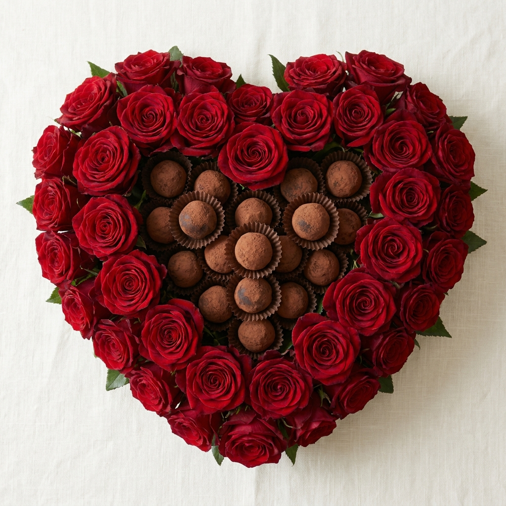 Red Roses and Ferrero Rocher In a Heart Shape Box