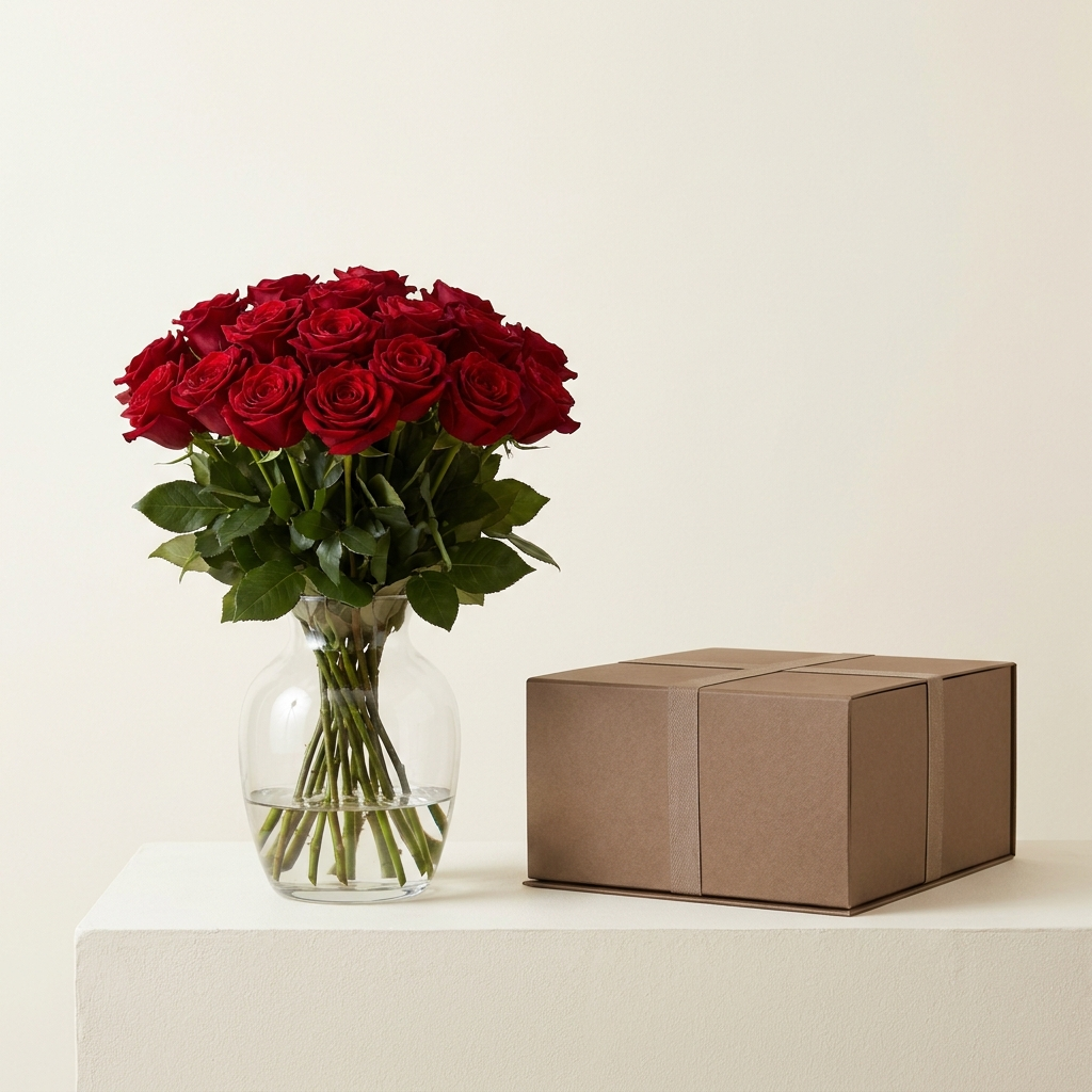Red Roses in a Vase with Chocolate