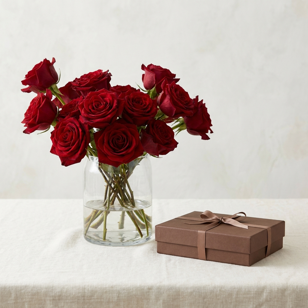 Red Roses In a Vase with Chocolate