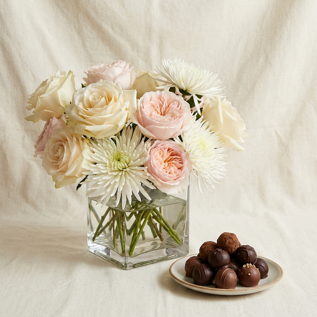 Roses and Chrysanthemum In a Cube Vase With Chocolate