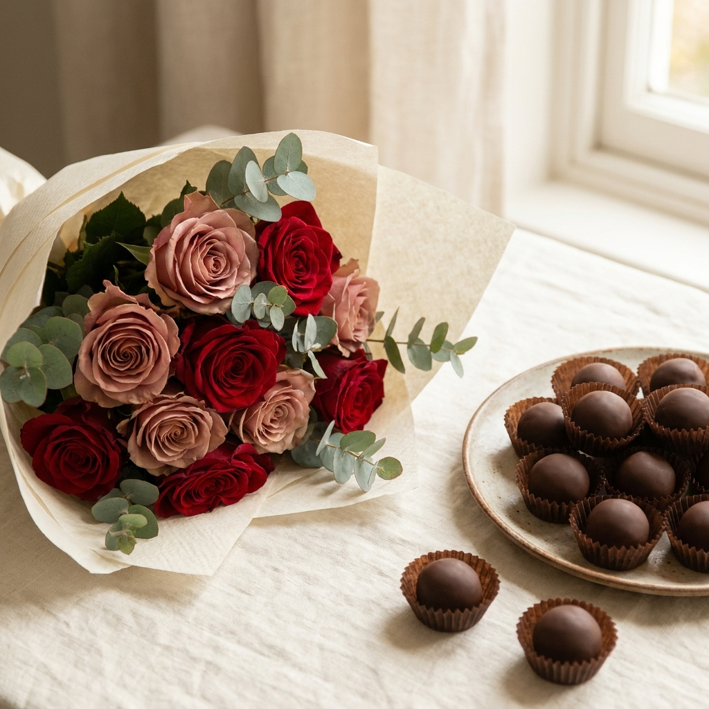 Red and Pink Roses with Chocolate