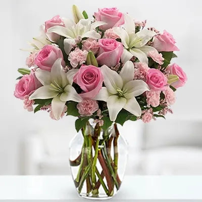 Happy Birthday Flowers - Beautiful Magic - 3 Stems Of White Lilies 9 Stems Of Pink Roses 10 Stems Of Pink Carnation