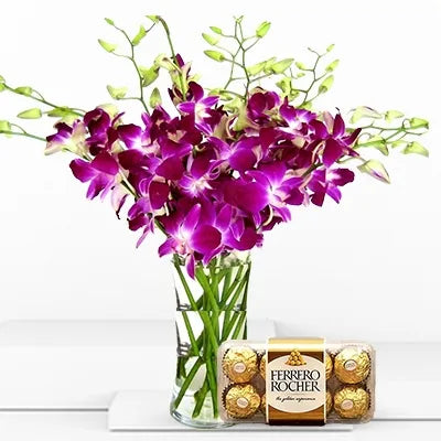Happy Birthday Flowers - Orchid With Ferrero Rocher - 10 Stems Of Purple Orchid & 16pcs Chocolate Box