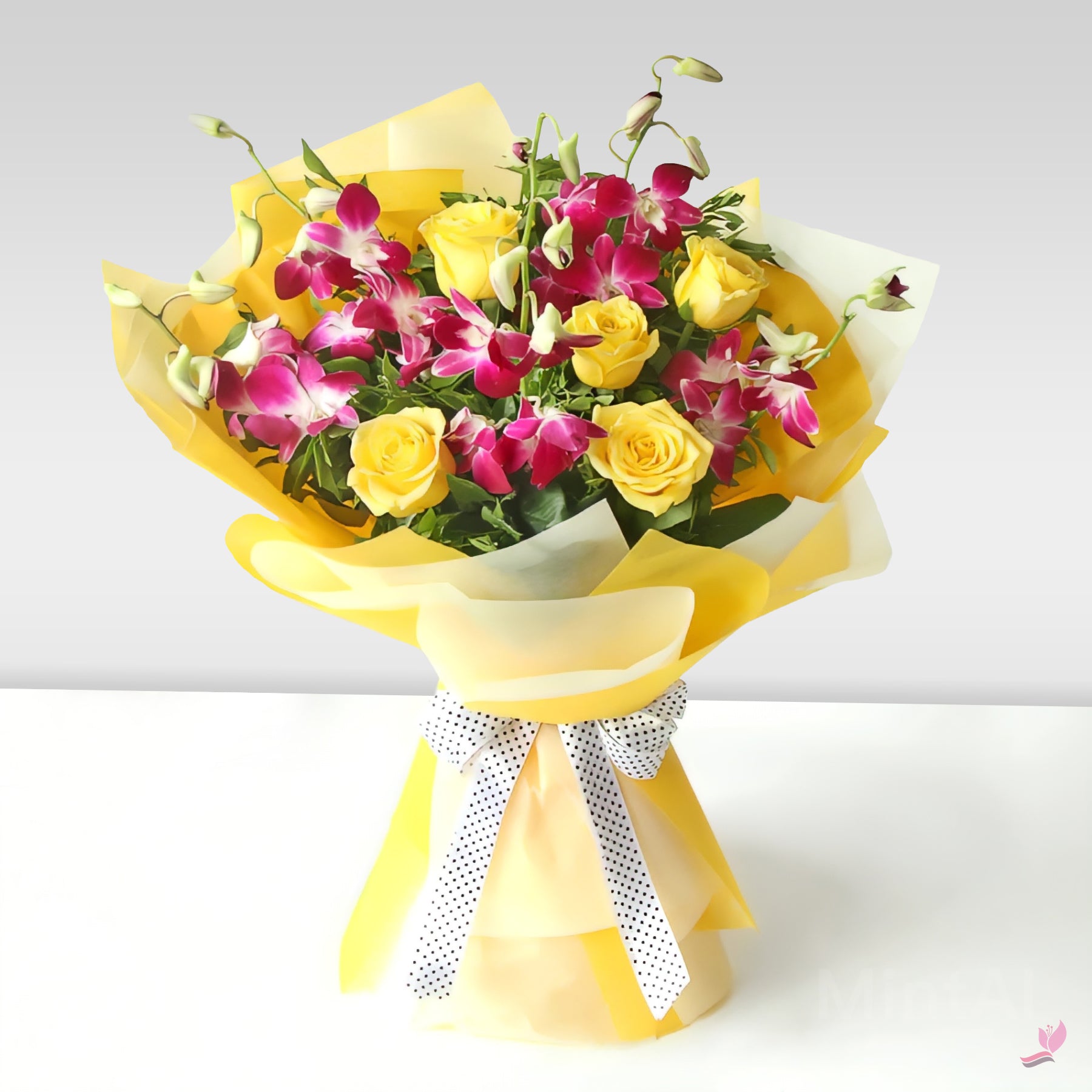 Birthday Bouquet - Deep Purple & Yellow - 5 Stems Of Yellow Rose And 5 Stems Of Purple Orchid