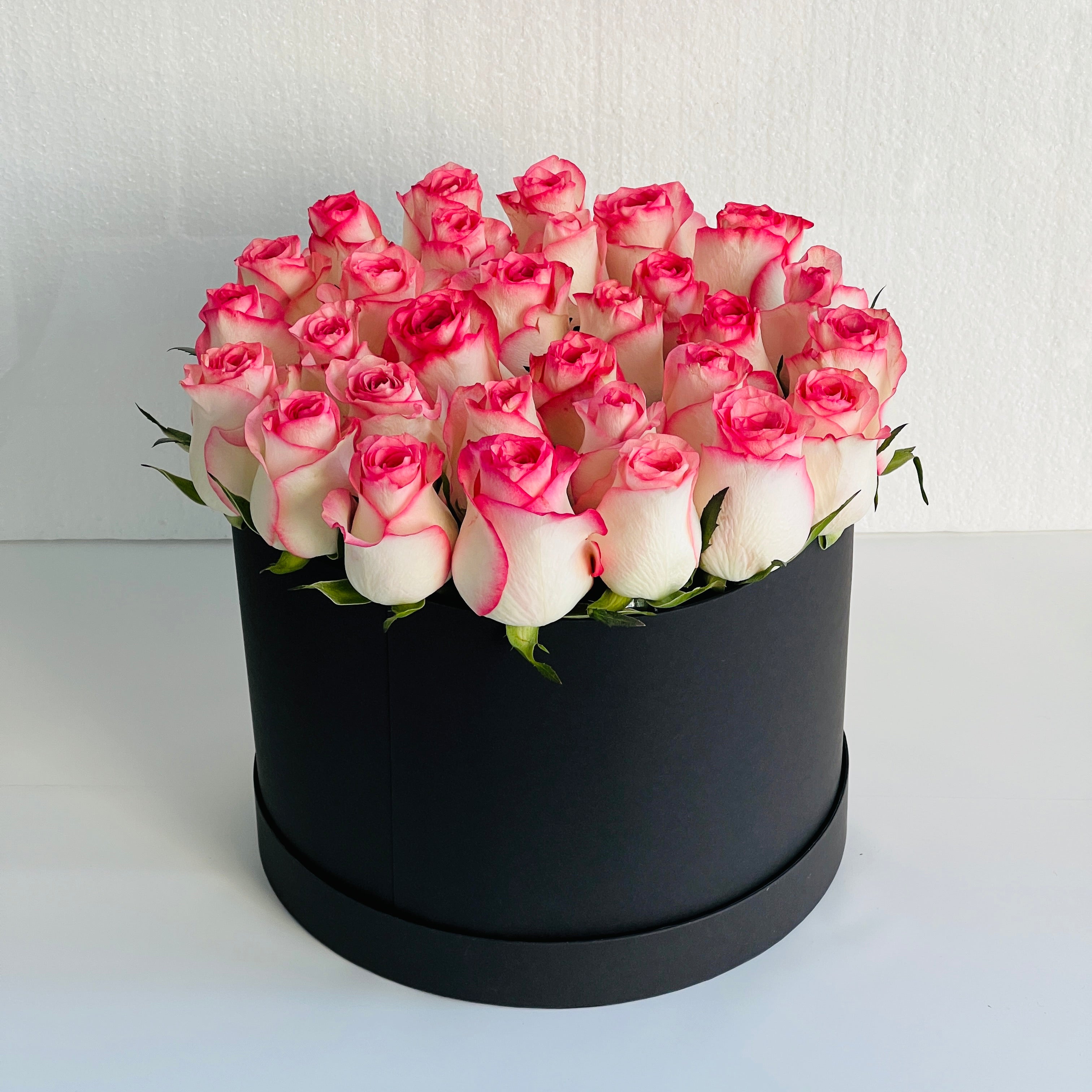 Arrangement of 30 Pink Roses In a Black Box