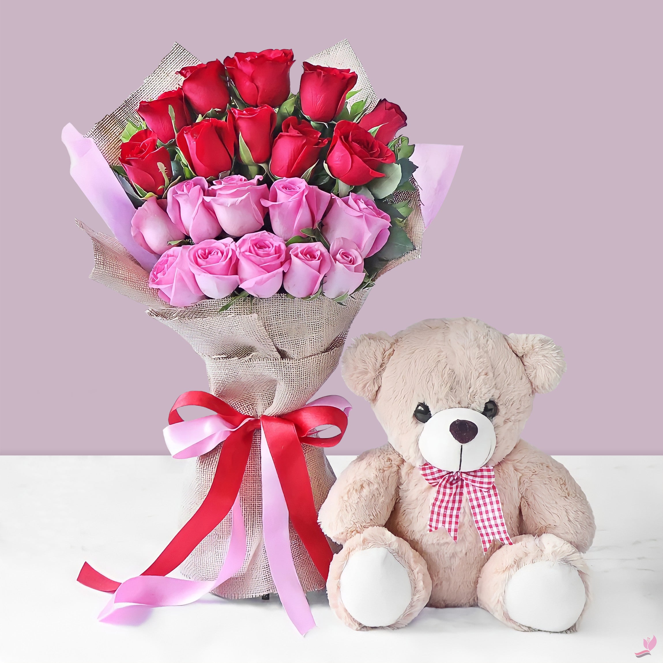 Red Pink Roses & Teddy Bear Combo
