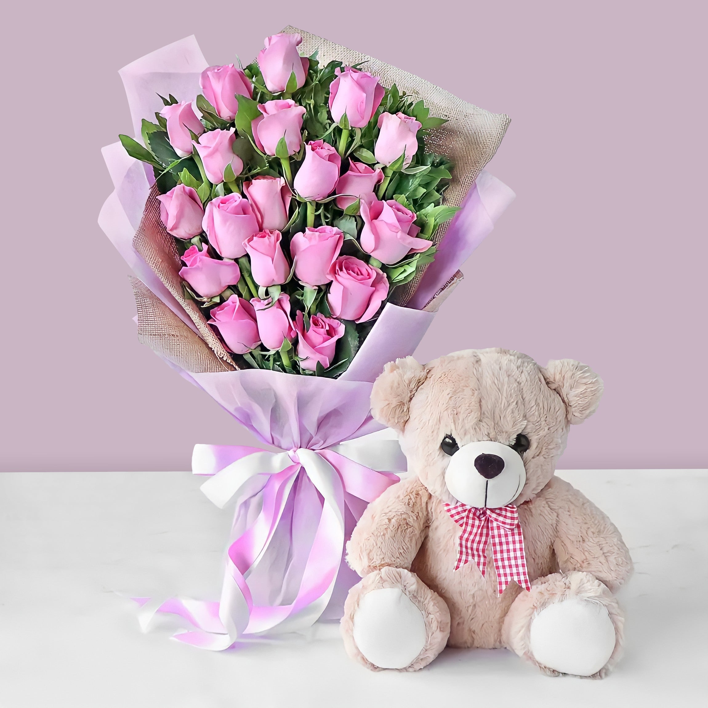 Pink Roses & Teddy Bear Combo