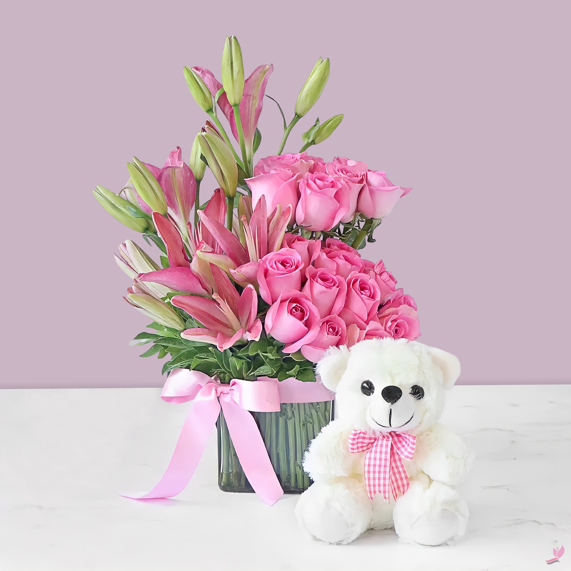 Arrangement of Pink Flowers & Teddy Bear
