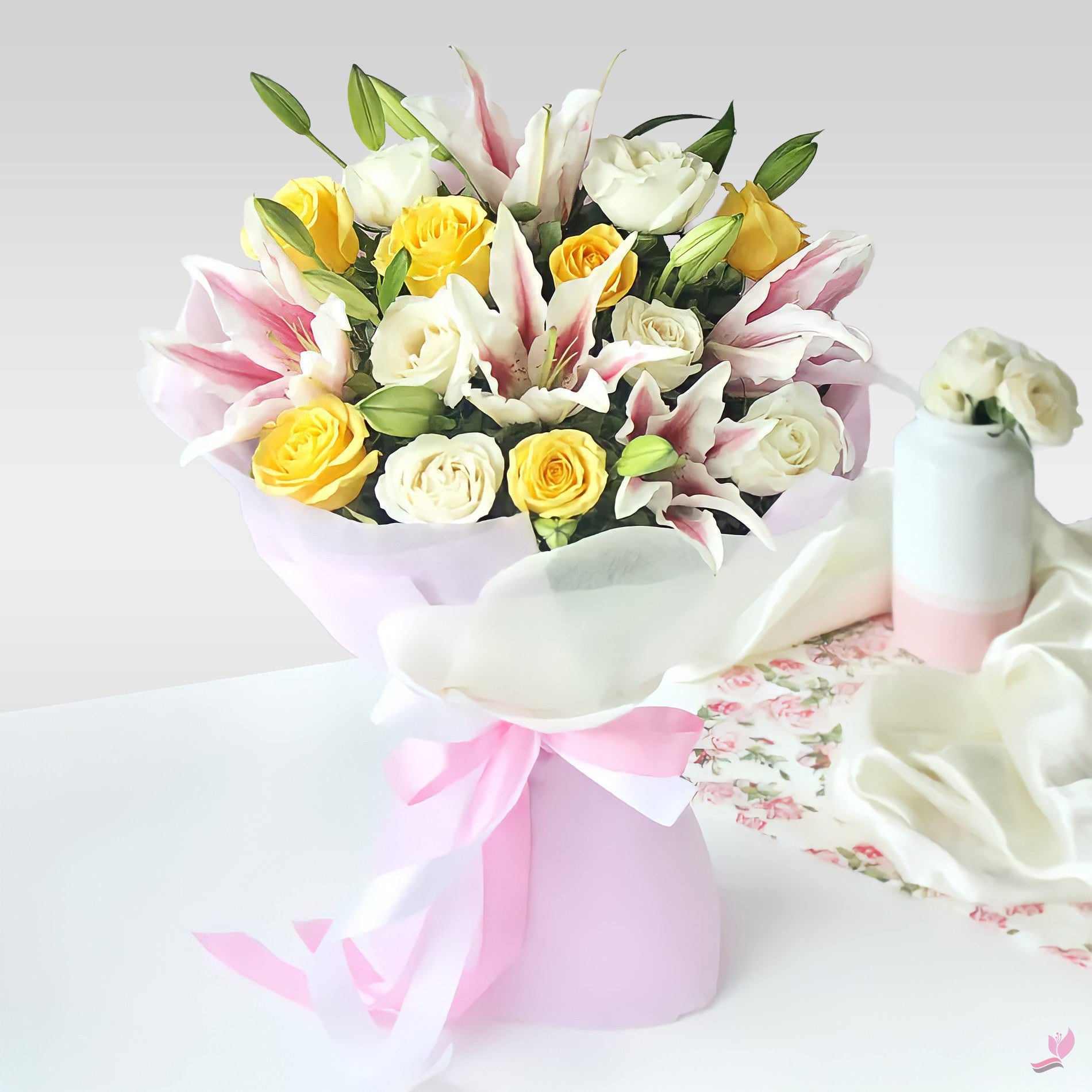 Bouquet Of 12 Stems Of Yellow And White Roses And 4 Stems Of Pink Lillies