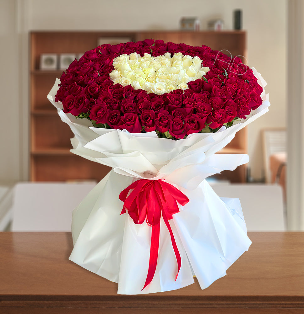 Happy Birthday Flowers - Arabian Luxury Bouquet - 150 Stems of Red Roses and 50 Stems of White Roses