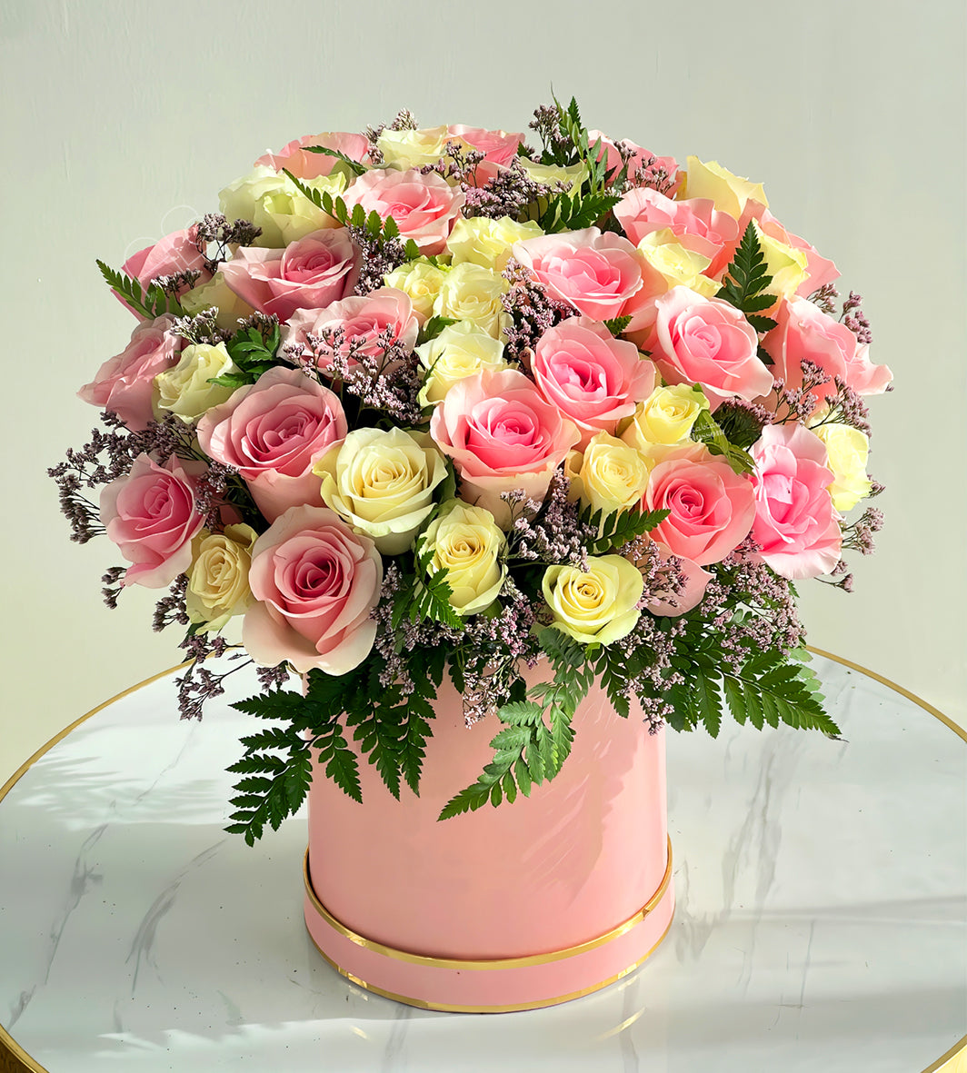 Blossom in a Box of Pink and White Roses - 40 Stems - Fresh Cut Flower
