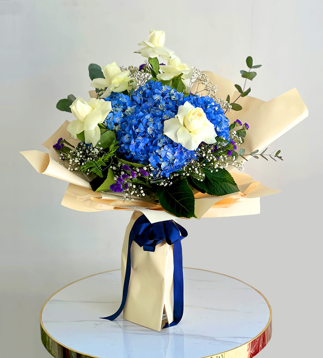 Happy Birthday Flowers - Blue Bloom in White Fresh Cut Flowers - Mixed Bouquets