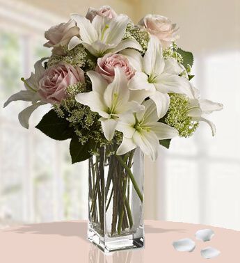 Happy Birthday Flowers - Soft Sofestification - 2 Stems of White Lilies and 8 Stems of Peach Roses